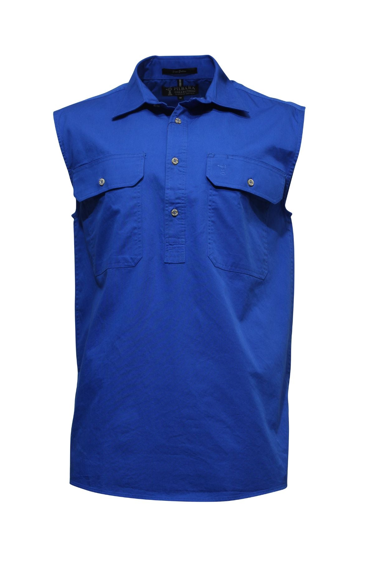 The Pilbara Sleeveless Closed Front Shirt is a bright blue, 100% cotton work shirt featuring two chest pockets and a collar, shown on a plain white background.