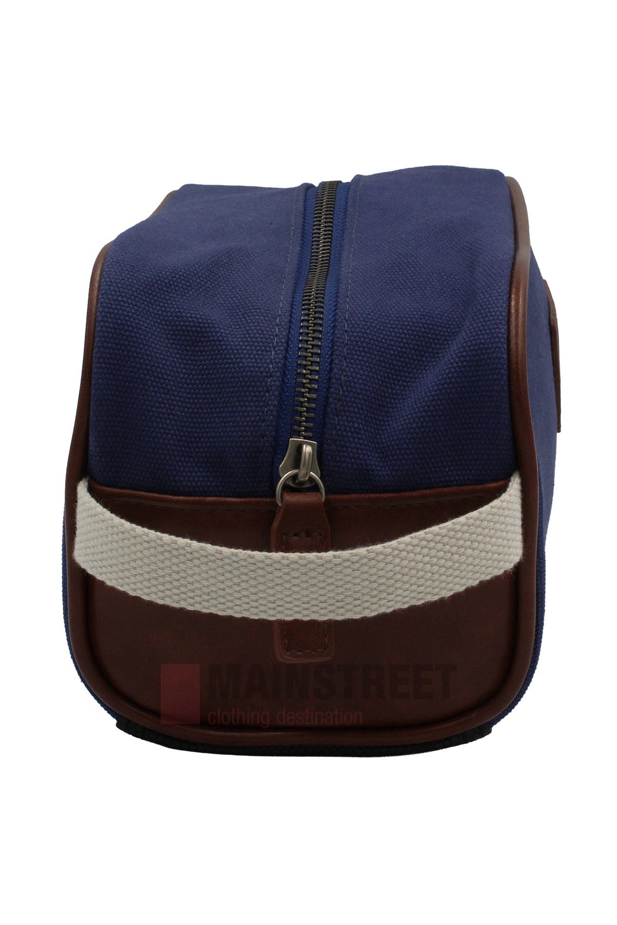 The Pilbara Toiletry Bag features blue premium canvas, brown leather trim, a white handle, and a top zipper. Shown from the front against a white backgroundβideal for organizing your travel essentials.