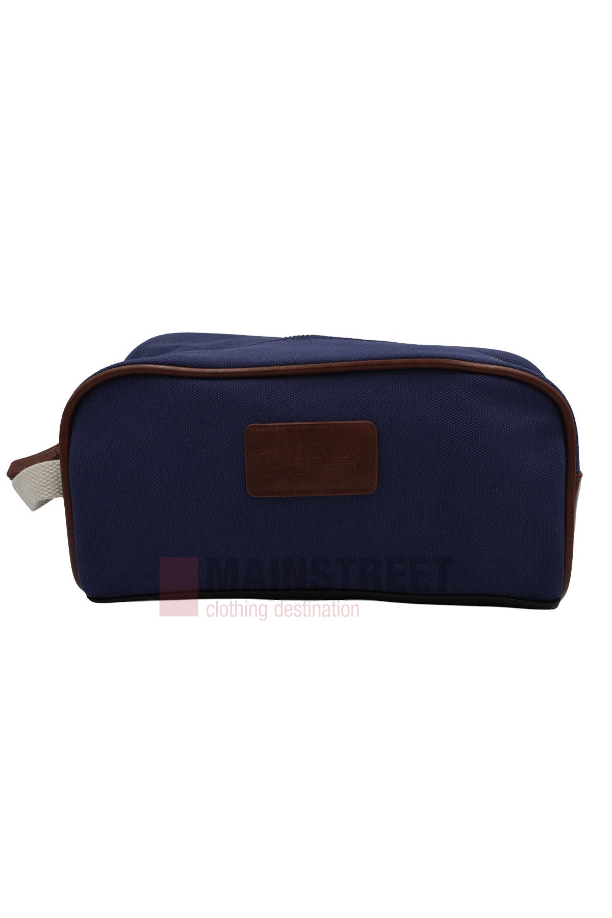 The Pilbara Toiletry Bag is a rectangular navy blue premium canvas bag with brown trim, a front brown patch, zipper closure, and beige side handleβideal for travel essentials. Displayed against a plain white background.