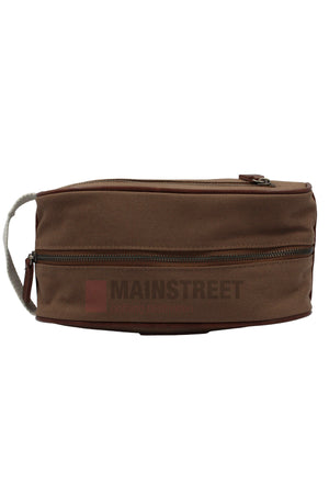 The Pilbara Toiletry Bag, a brown rectangular canvas bag with a zipper closure, side handle, and visible horizontal zipper pocket, is shown against a white background—perfect for luxury travel.