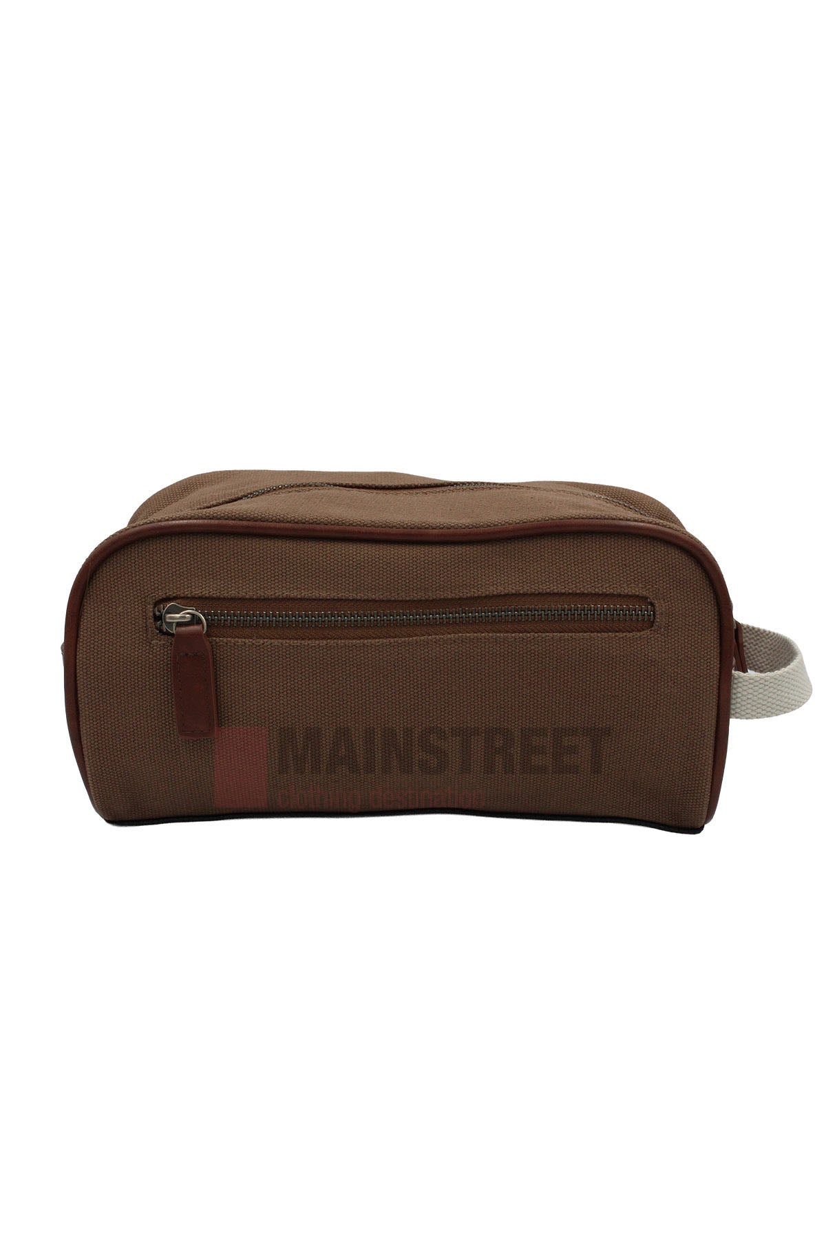 The Pilbara Toiletry Bag is a brown, rectangular premium canvas bag with a zippered front pocket and white side handle, shown on a white background—ideal for luxury travel.