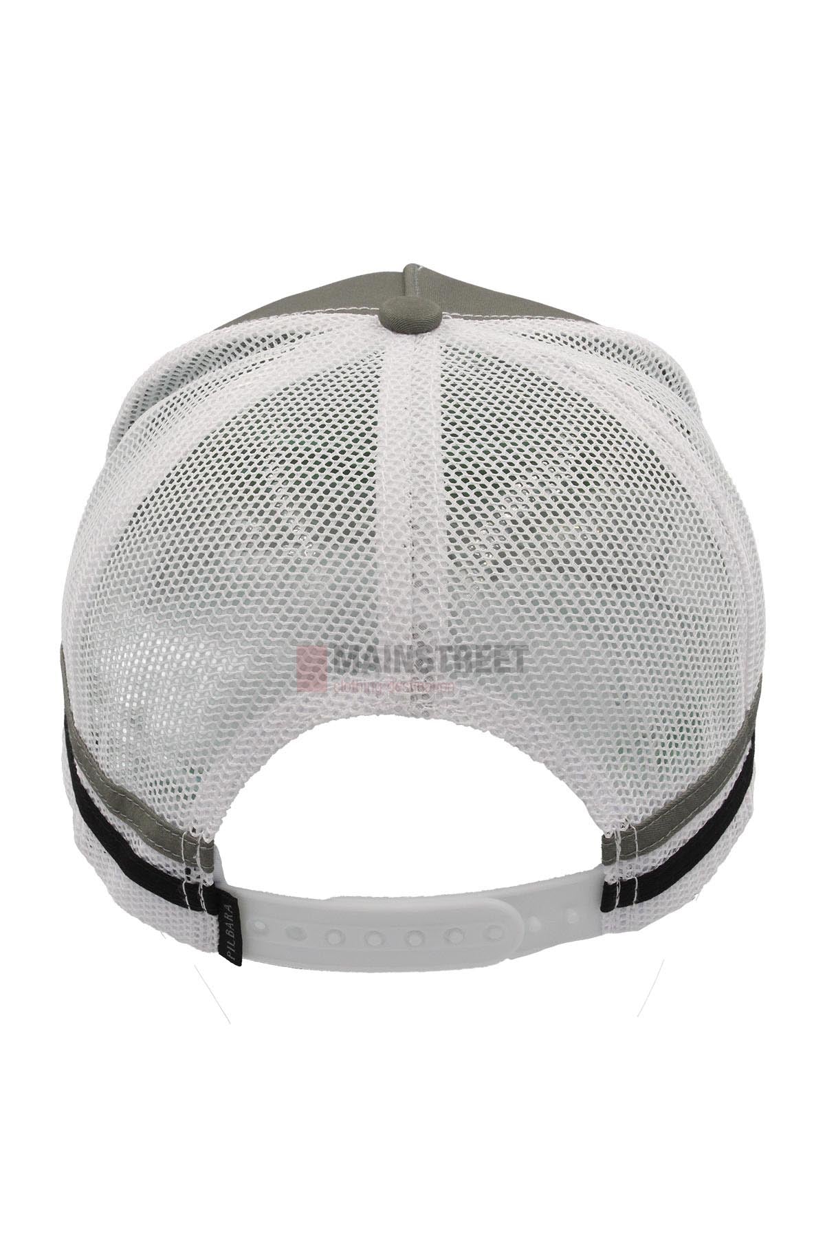 The Pilbara Western Classic Cap is a gray and white trucker cap with a mesh back, adjustable white snap closure, black side trimming, and is shown from the back.