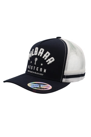 The Pilbara Western Classic Cap is a black and white trucker hat with a breathable mesh back, "PILBARA WESTERN" branding, small graphic and text on the front, embroidered logo detail, and a colorful sticker on the brim.