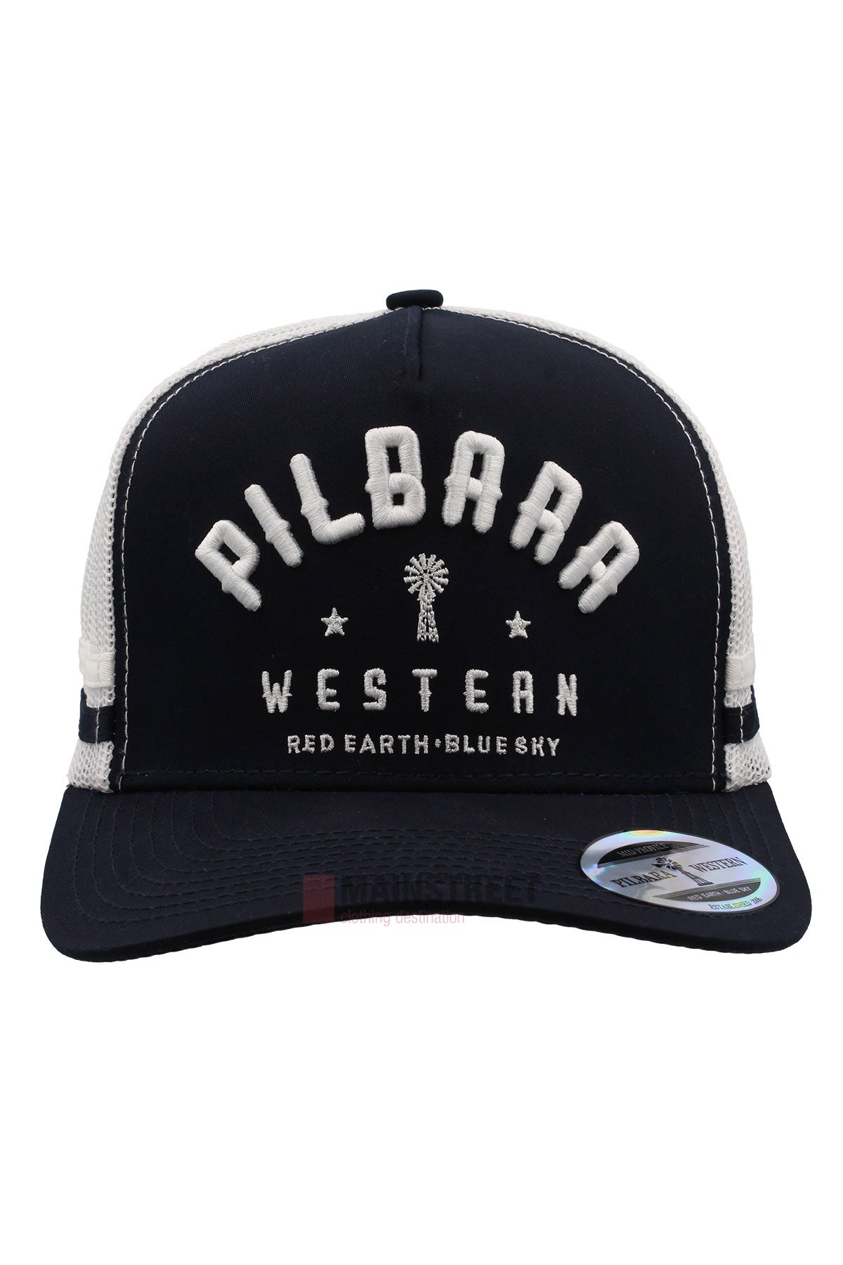 The Pilbara Western Classic Cap is a black and white trucker hat with an embroidered "PILBARRA WESTERN" logo, "RED EARTH • BLUE SKY," a windmill graphic, three stars, breathable mesh back, and a brim sticker.