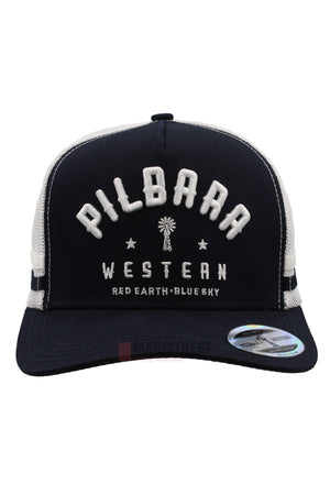 The Pilbara Western Classic Cap is a black and white trucker hat with an embroidered "PILBARRA WESTERN" logo, "RED EARTH • BLUE SKY," a windmill graphic, three stars, breathable mesh back, and a brim sticker.