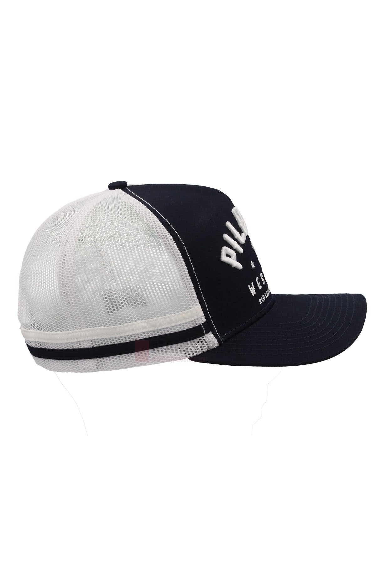 The Pilbara Western Classic Cap features a black front panel, breathable white mesh back, curved visor, and stylish partially visible white text on the front—combining classic western style with modern comfort.