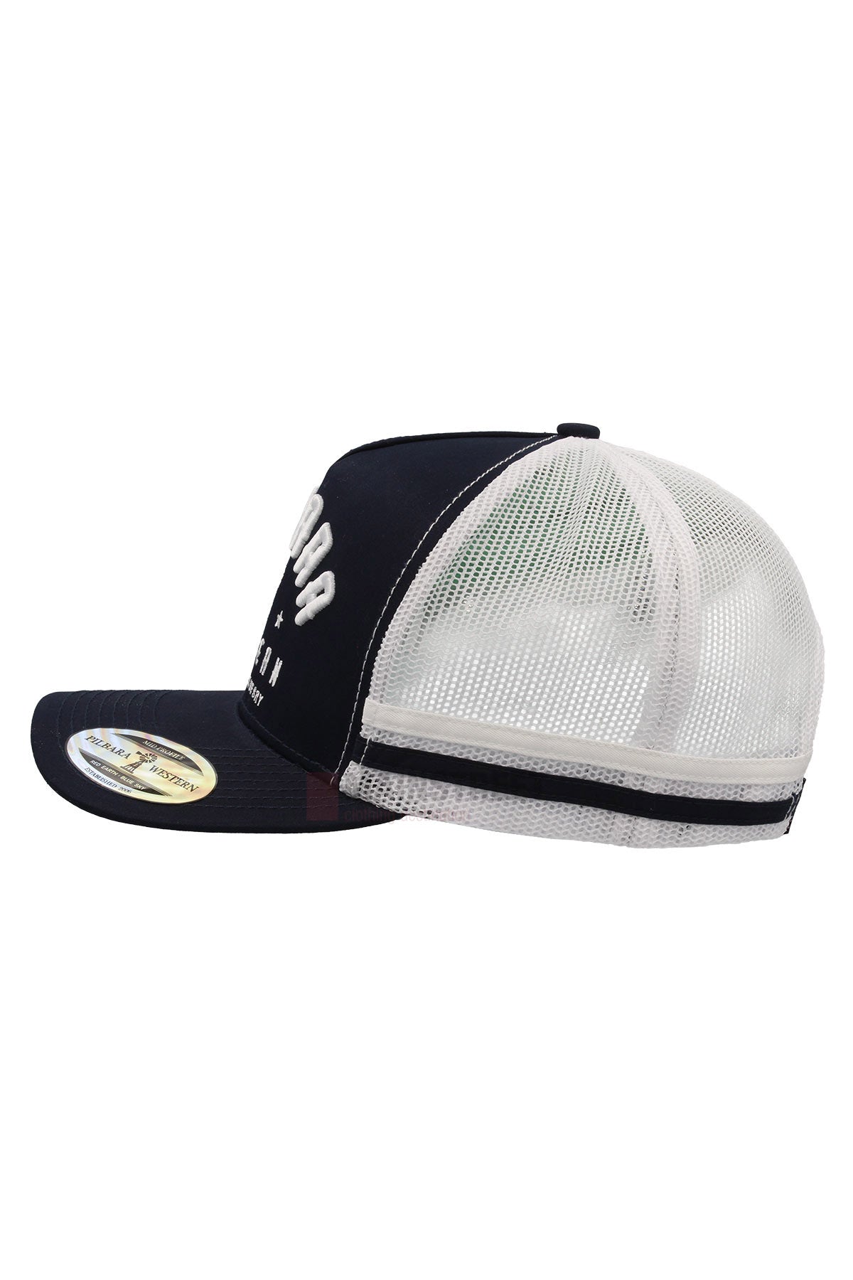 Side view of the Pilbara Western Classic Cap showcasing a black brim, breathable mesh back, black adjustable strap, raised embroidered logo lettering on the front panel, and a round sticker on the brim.