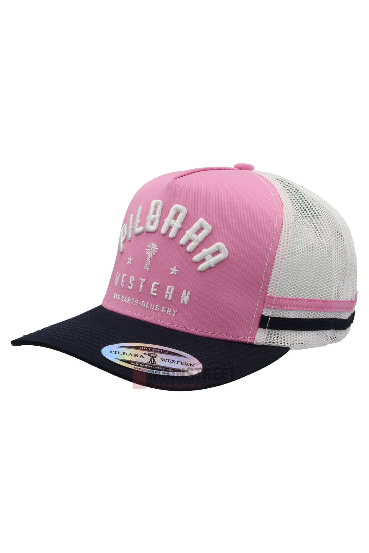 The Pilbara Western Classic Cap is a pink and white trucker hat with a navy brim, breathable mesh back, raised white "PILBARRA WESTERN BIG EARTHY BLUE SKY" text, tree graphic on the front, and a sticker on the brim.