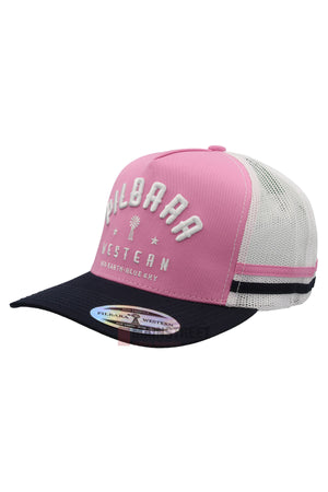 The Pilbara Western Classic Cap is a pink and white trucker hat with a navy brim, breathable mesh back, raised white "PILBARRA WESTERN BIG EARTHY BLUE SKY" text, tree graphic on the front, and a sticker on the brim.