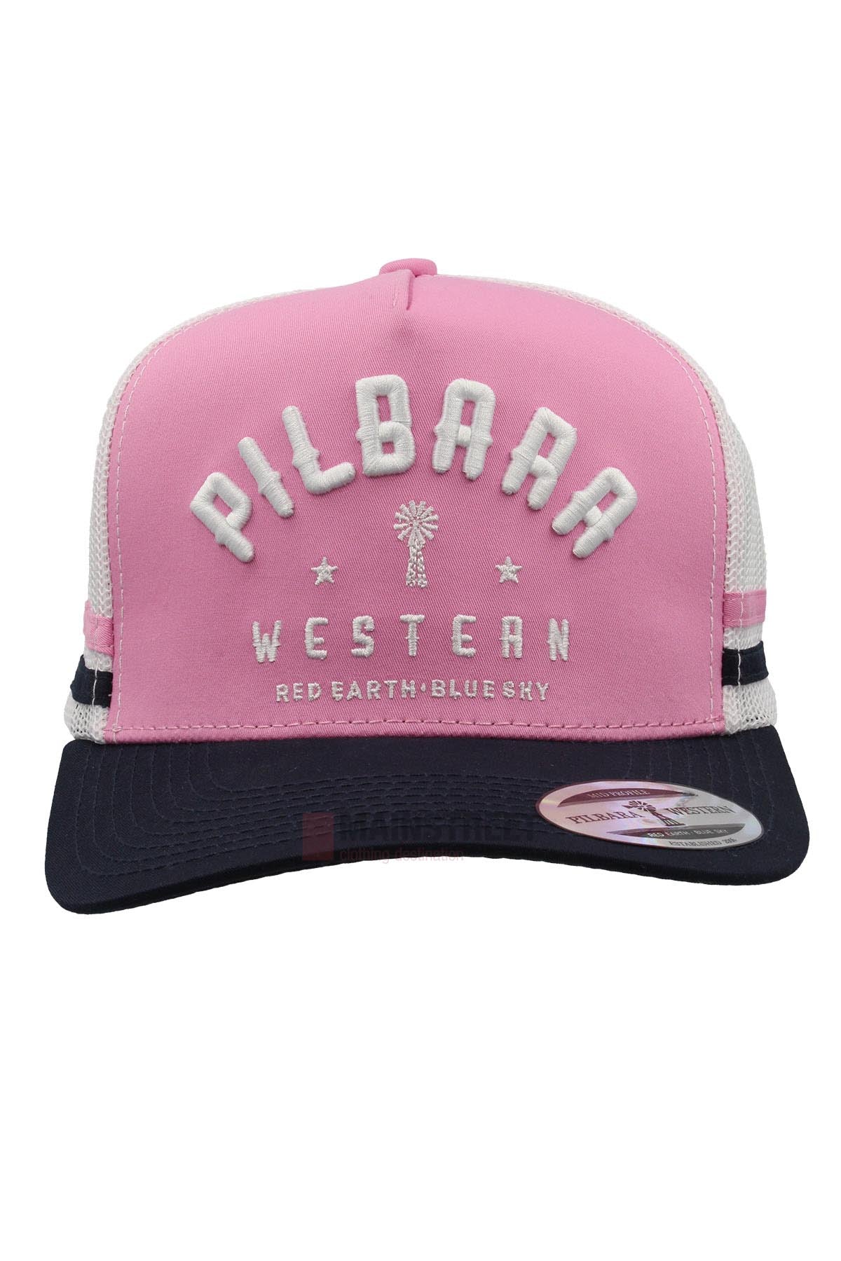 The Pilbara Western Classic Cap is a pink and white trucker hat with a black brim, "PILBARA WESTERN" and "RED EARTH. BLUE SKY" in white embroidery, a tree design, and a mesh back for comfort.