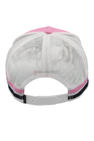 Back view of the Pilbara Western Classic Cap with breathable mesh back panels, a white adjustable snapback closure, and a pink fabric top.