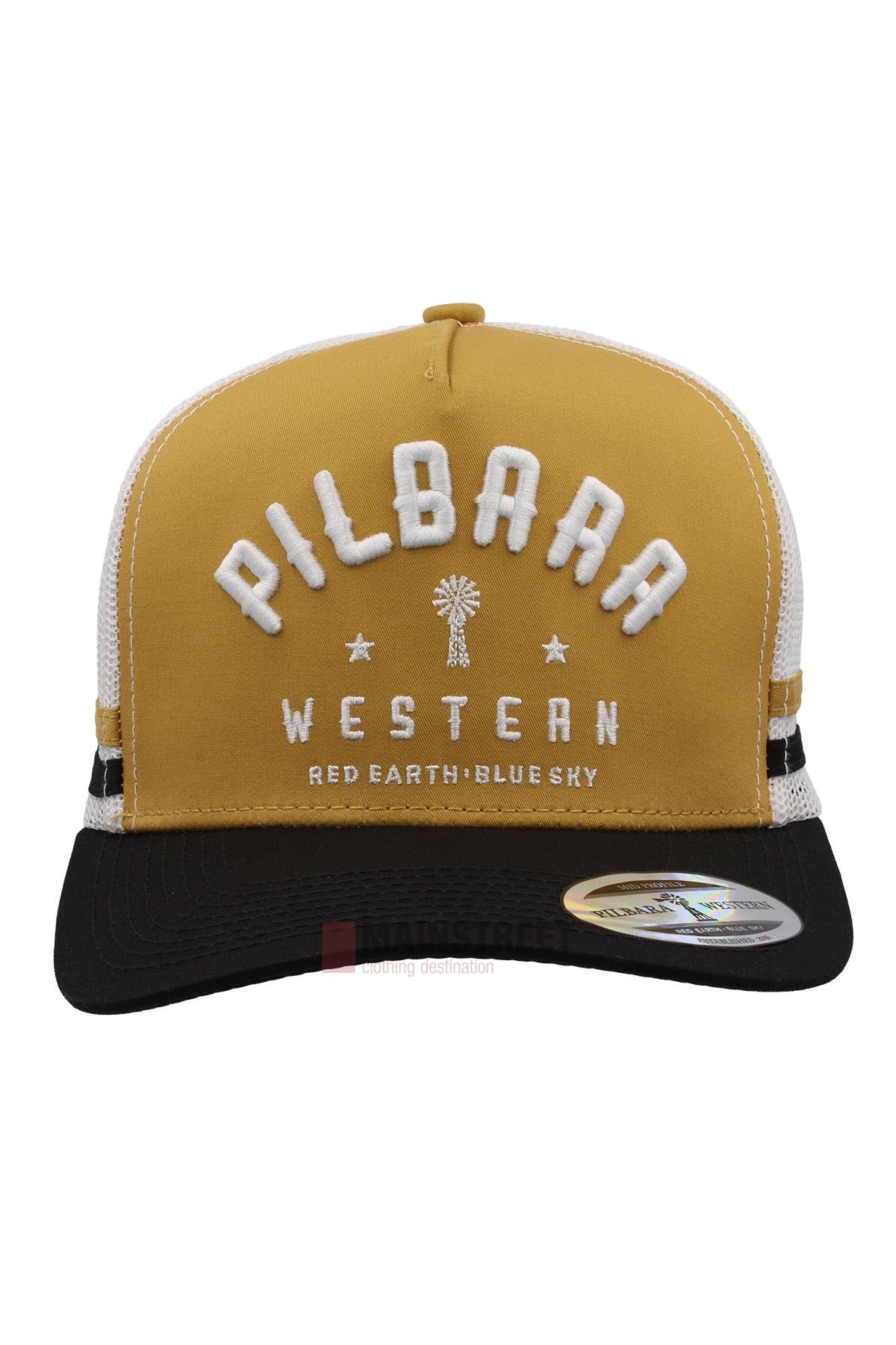 The Pilbara Western Classic Cap features a mustard yellow and black design, breathable mesh back, embroidered "PILBARA WESTERN" logo, a small tree graphic, and "RED EARTH BLUE SKY" in white on the front.
