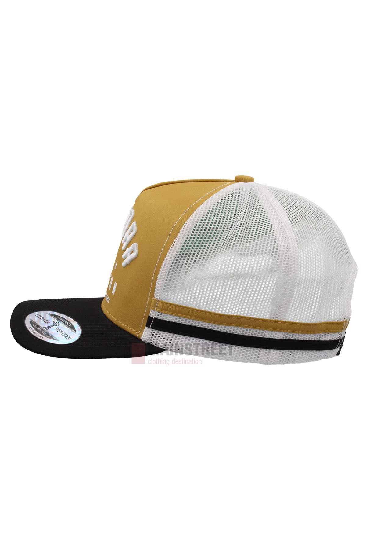 A side view of the Pilbara Western Classic Cap with a mustard yellow front and embroidered logo, black brim with sticker, breathable mesh back and sides, curved bill, and adjustable back.