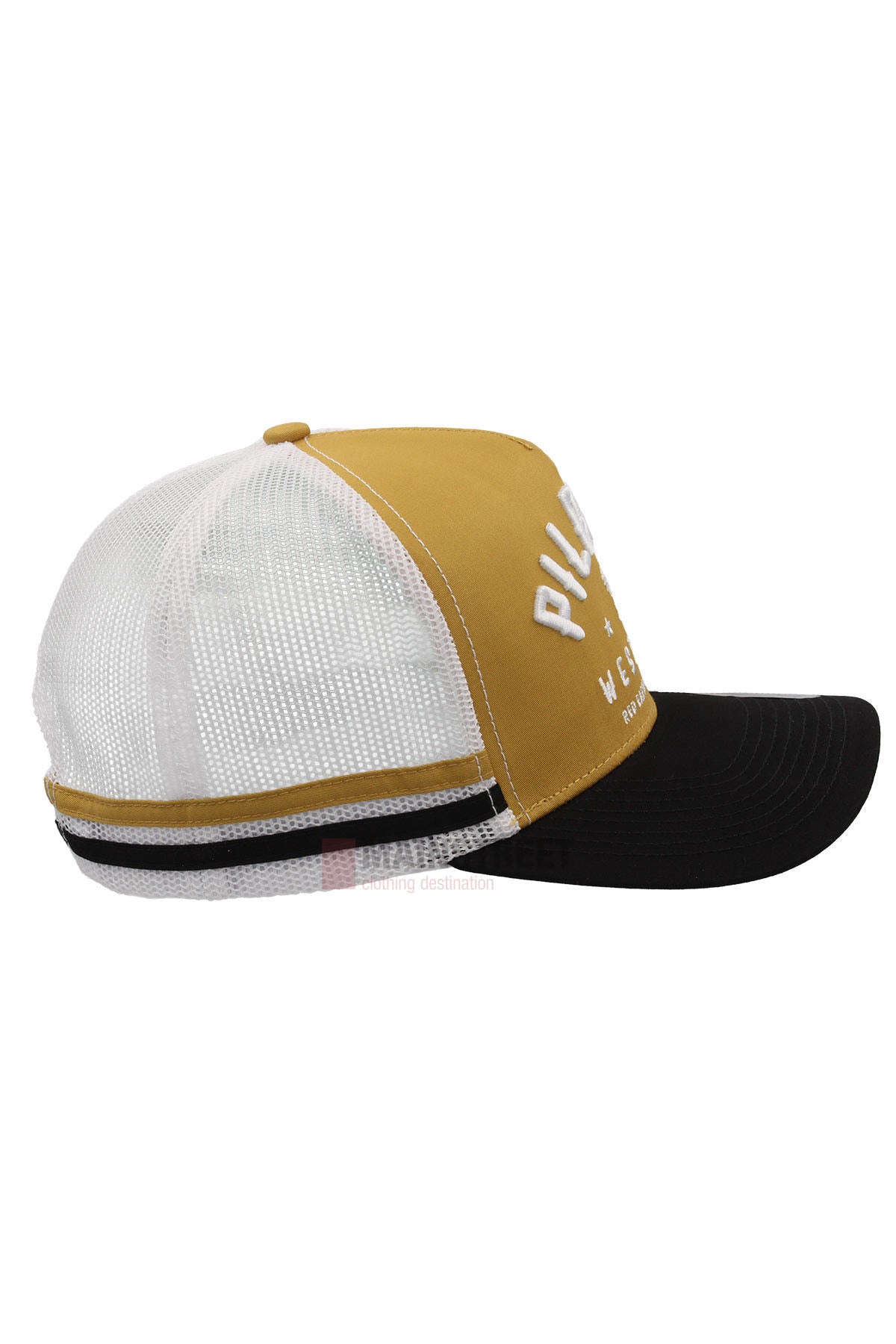 Side view of the Pilbara Western Classic Cap featuring a mustard yellow front, black curved brim, breathable mesh back, black-and-white striped detail above the brim, and a partially visible white embroidered logo on the front.