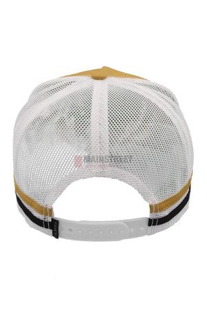A rear view of the Pilbara Western Classic Cap shows breathable white mesh panels, a brown top section, and a white adjustable snapback closure.