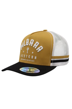 The Pilbara Western Classic Cap features a mustard yellow front, black brim, breathable mesh back, and a white embroidered "PILBARA WESTERN RED EARTH BLUE SKY" logo with a small emblem under "PILBARA.