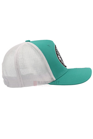 Side view of the Pilbara Western Established Cap in teal and white. Features a black and white circular patch, teal front panels and brim, plus a breathable mesh back for all-day outdoor comfort.