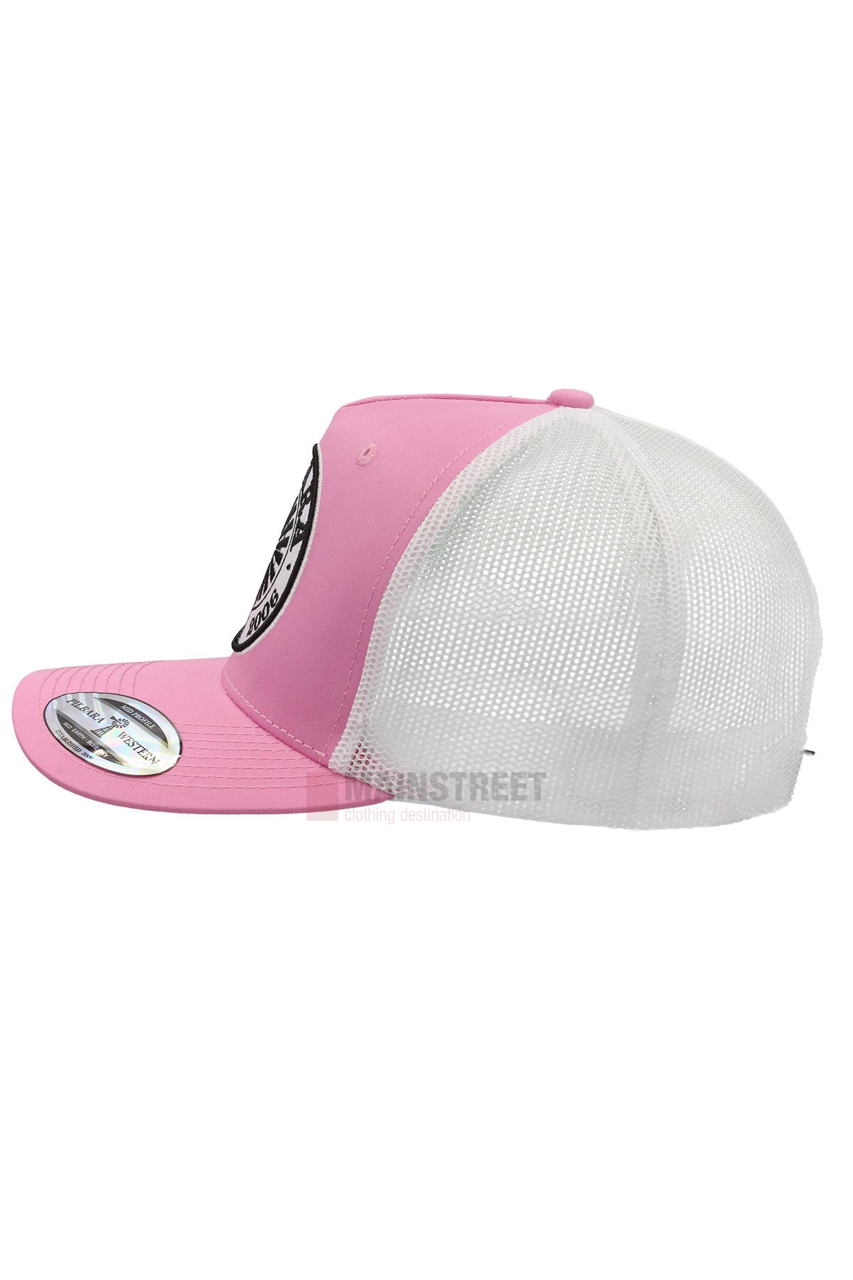 The Pilbara Western Established Cap is pink and white with breathable mesh, a round black and white patch on the front, and a brim sticker, displayed in side profile against a white background.