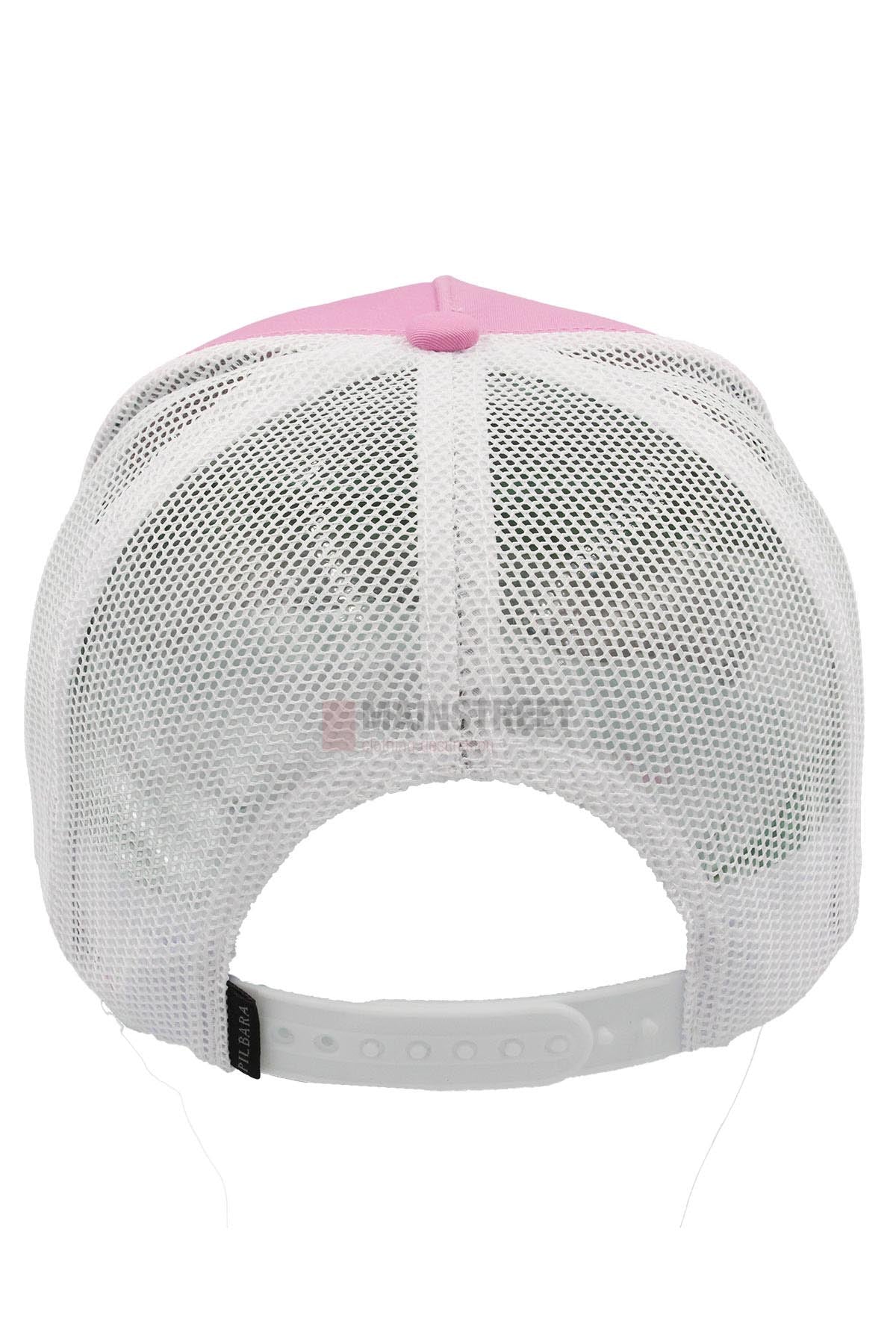 The image displays the back of the Pilbara Western Established Cap, featuring a pink top, white breathable mesh, and a plastic adjustable strap. The inside label is visible through the mesh, blending style and function for outdoor adventures.