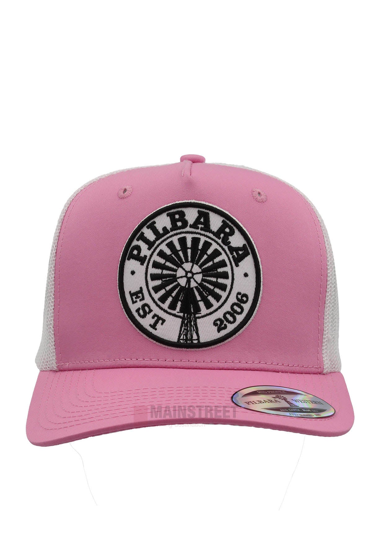 The Pilbara Western Established Cap is a pink and white mesh cap with a black and white "PILBARA EST 2006" windmill patch on the front and a shiny sticker on the brim for extra style.