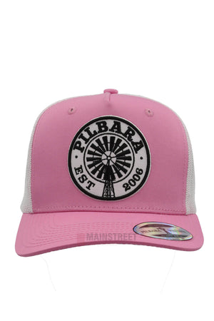 The Pilbara Western Established Cap is a pink and white mesh cap with a black and white "PILBARA EST 2006" windmill patch on the front and a shiny sticker on the brim for extra style.