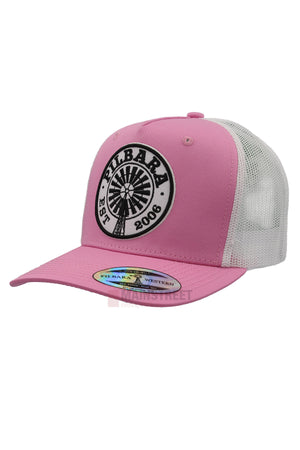The Pilbara Western Established Cap features a pink western design, white breathable mesh back, and a round black and white "PILBARA EST 2006" patch with a windmill. Ideal for outdoor adventure.