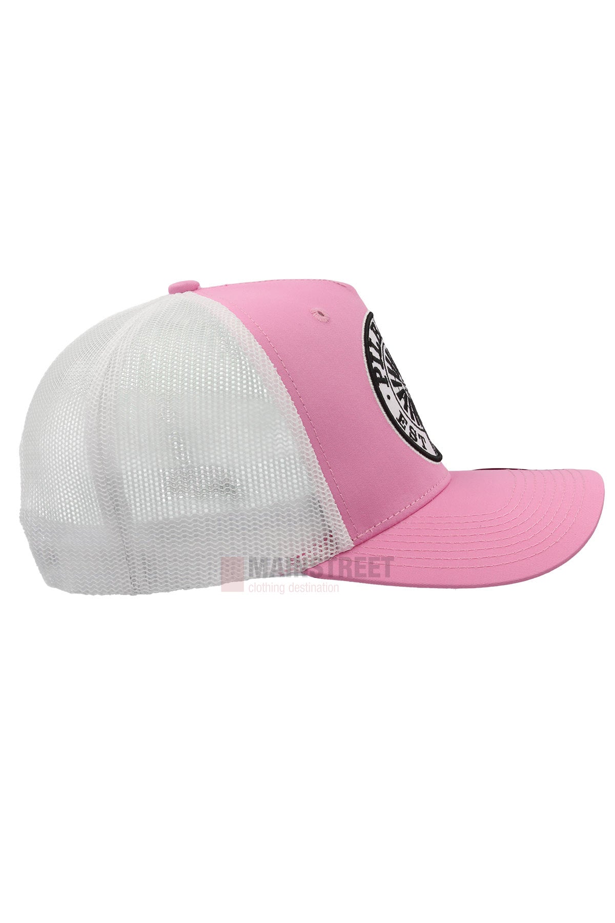 The Pilbara Western Established Cap features a pink and white breathable mesh design, a black and white circular front patch, a curved bill, and a white mesh back—ideal for outdoor adventures.