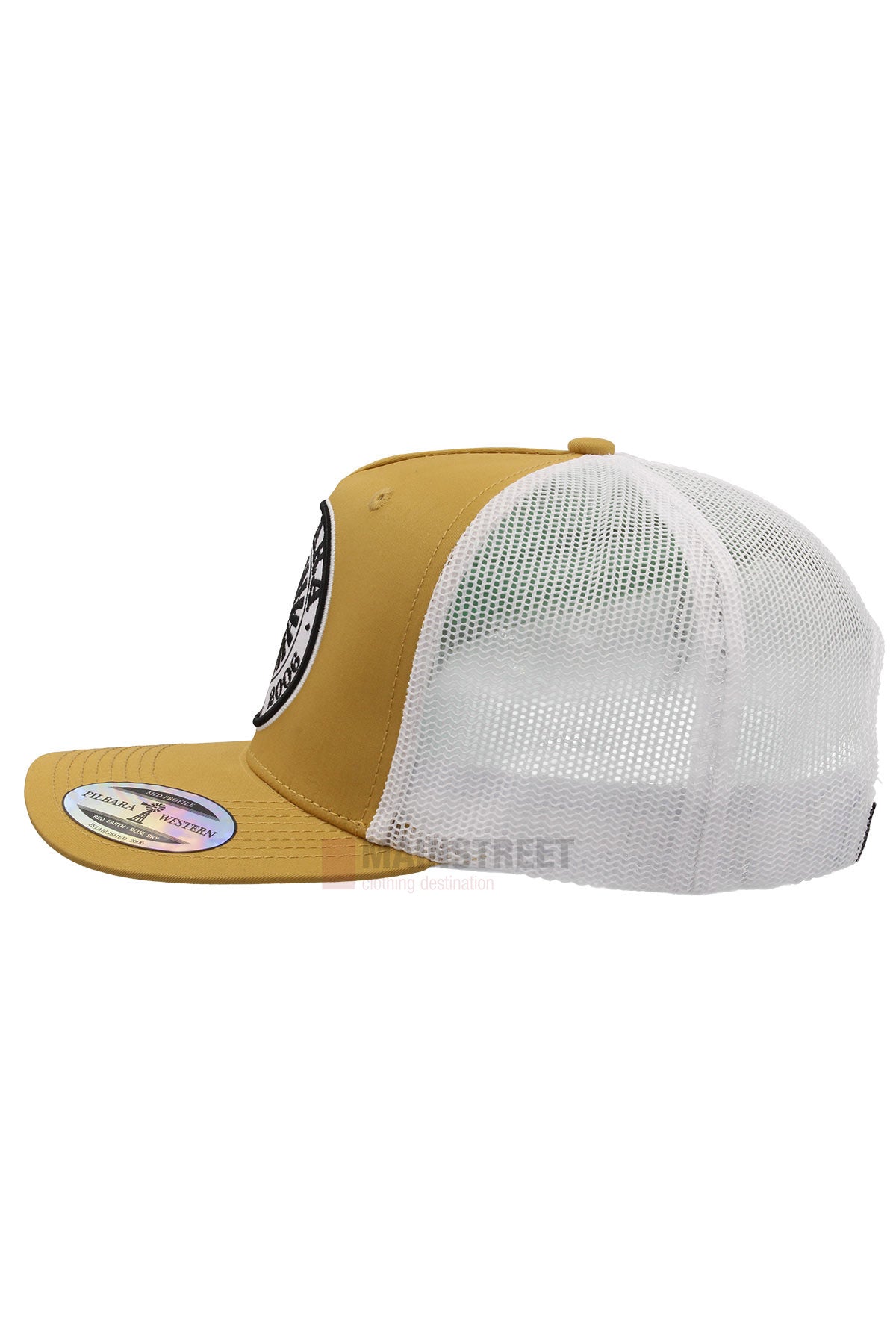 Side view of the Pilbara Western Established Cap in mustard yellow and white mesh, featuring a circular black and white front patch and a sticker on the flat bill.