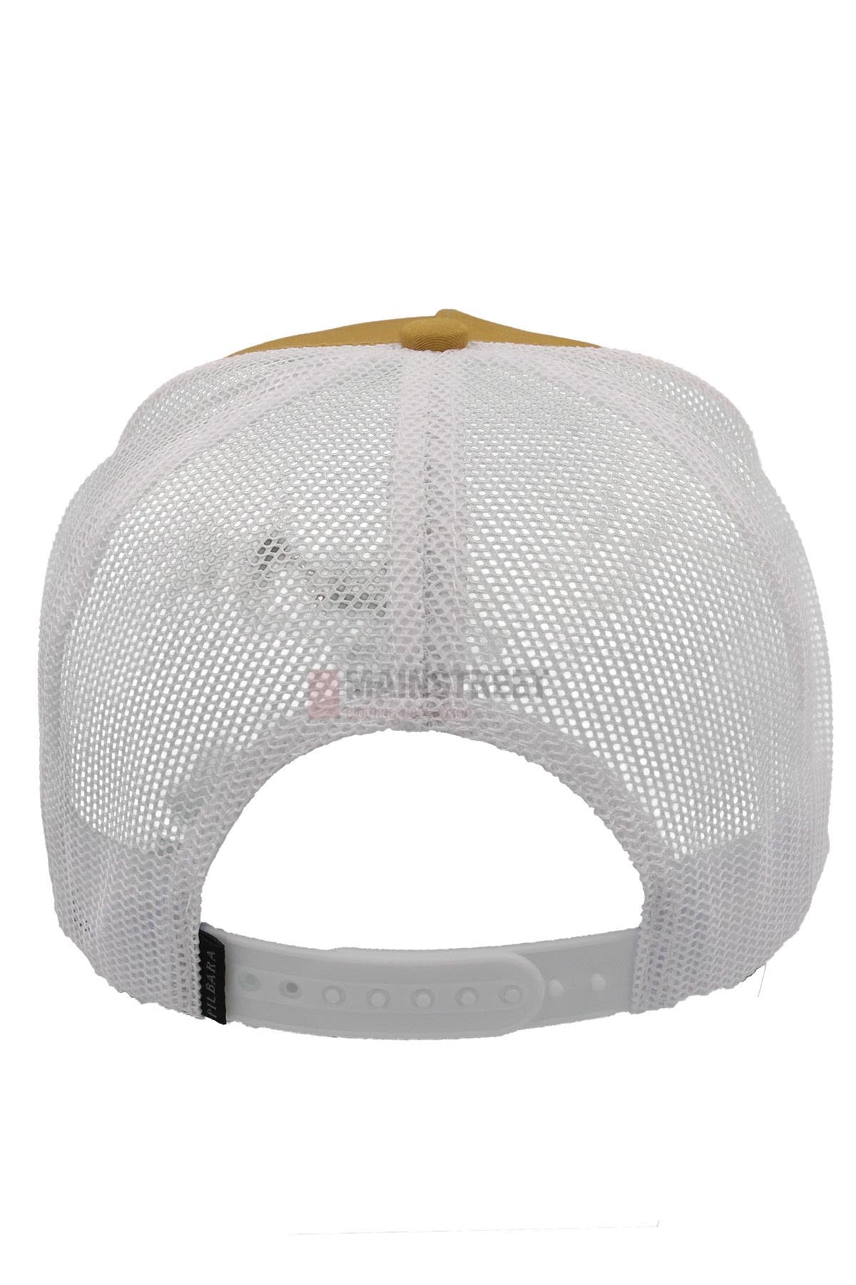The Pilbara Western Established Cap features a breathable mesh back and a white adjustable snapback strap. Its contrasting top color adds classic western style, making it perfect for any outdoor adventure. Rear view highlights the unique design.
