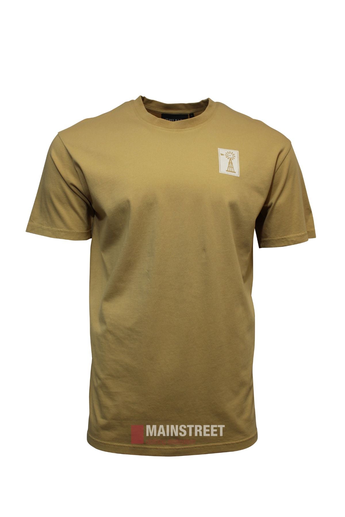 The Pilbara Western Rodeo T-Shirt offers a classic fit in plain light brown 100% cotton, featuring a small white rectangular logo with a simple graphic on the left chest and "MAINSTREET" in bold white and red at the front bottom.