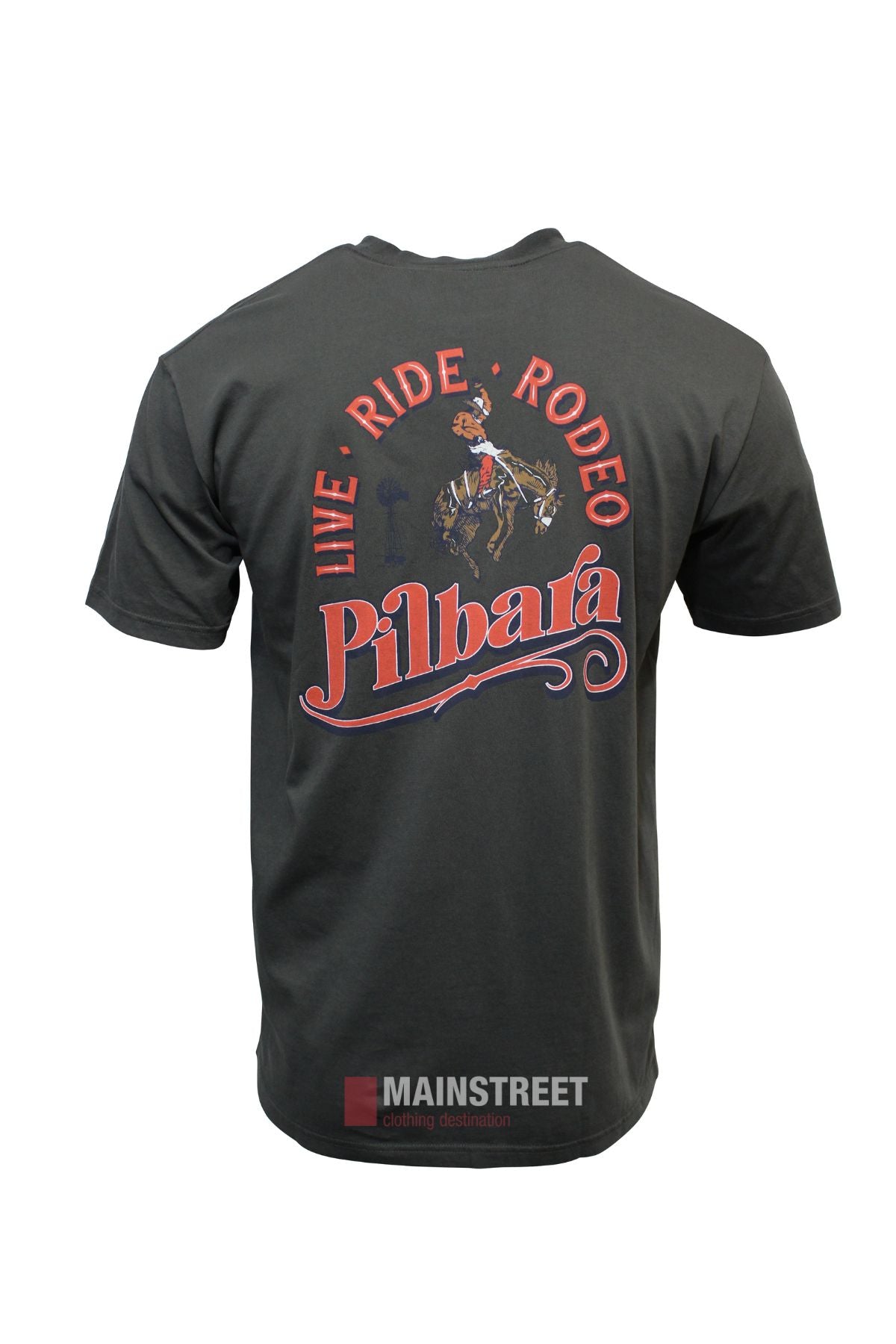 The Pilbara Western Rodeo T-Shirt is black, 100% cotton, classic fit, with a cowboy graphic on the back. "LIVE ยท RIDE ยท RODEO" sits above and "Pilbara" in bold red letters with a blue underline is featured below.