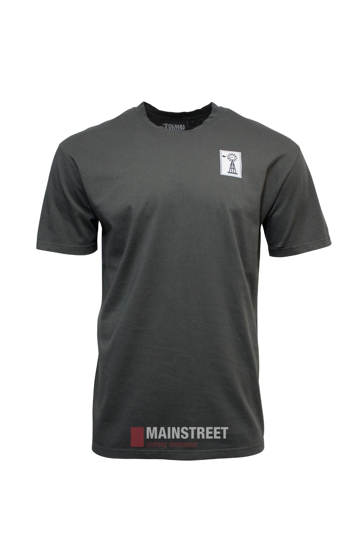 The Pilbara Western Rodeo T-Shirt is a classic fit, 100% cotton tee in plain dark gray, featuring a small white square graphic on the upper left chest and "MAINSTREET" printed near the bottom front.