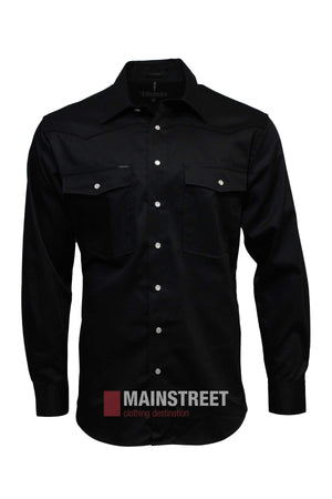 A Pilbara Western Snap Button Long Sleeve Shirt in black, made from ultra fine cotton with white snap buttons and two chest pockets, is shown on a plain white background. The MAINSTREET clothing destination logo appears at the bottom.