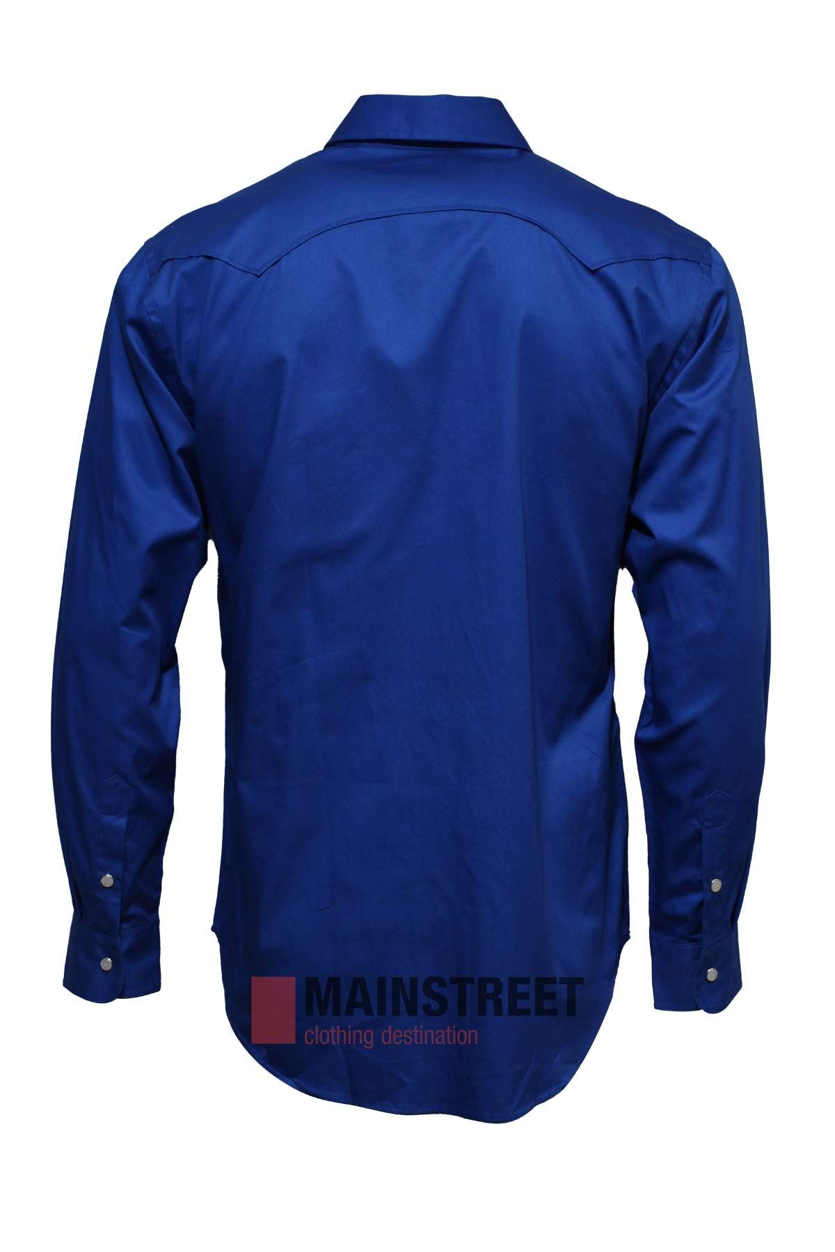 A Pilbara Western Snap Button Long Sleeve Shirt in royal blue, shown from the back on a white background with a “Mainstreet clothing destination” watermark. Crafted from easy care cotton for everyday comfort.