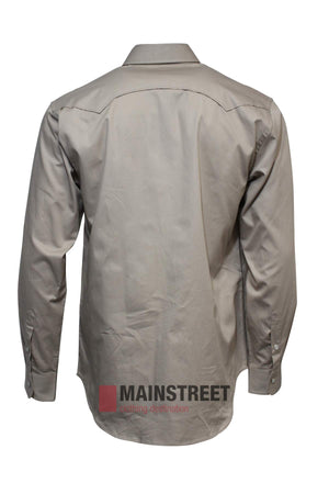 A light brown Pilbara Western Snap Button Long Sleeve Shirt for men, seen from the back, with buttoned cuffs and a plain design. The "MAINSTREET clothing destination" logo is at the lower back of this ultra-comfortable shirt.