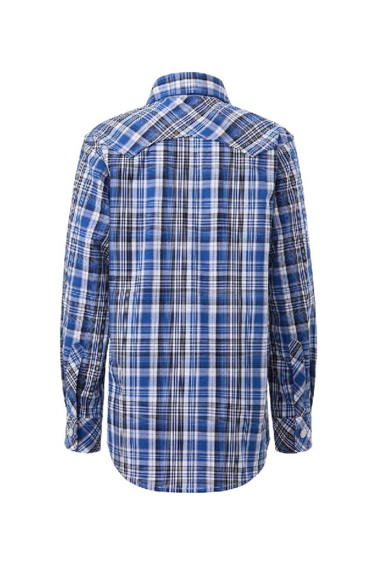 Back view of the Pilbara Western Snap Button Long Sleeve Shirt, featuring blue, white, and black check design with shoulder yoke detail.