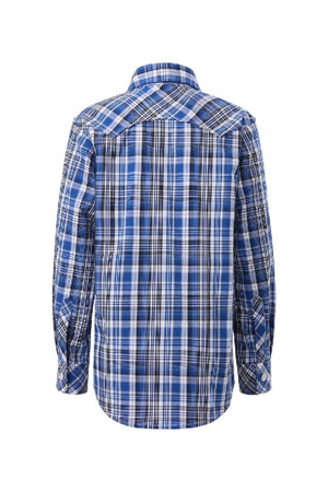 Back view of the Pilbara Western Snap Button Long Sleeve Shirt, featuring blue, white, and black check design with shoulder yoke detail.