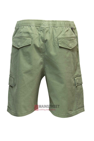 Back view of the Pilgrim Cargo Twill Short in green, showcasing an elastic waistband. Made from durable twill fabric, these men's shorts feature two back flap pockets and two side cargo pockets.