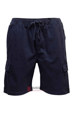 Discover the Pilgrim Cargo Twill Short, ideal for summer escapades. These men's navy blue shorts feature an elastic waistband with a drawstring and are designed with side pockets, along with roomy cargo pockets on each leg for the perfect blend of style and functionality.
