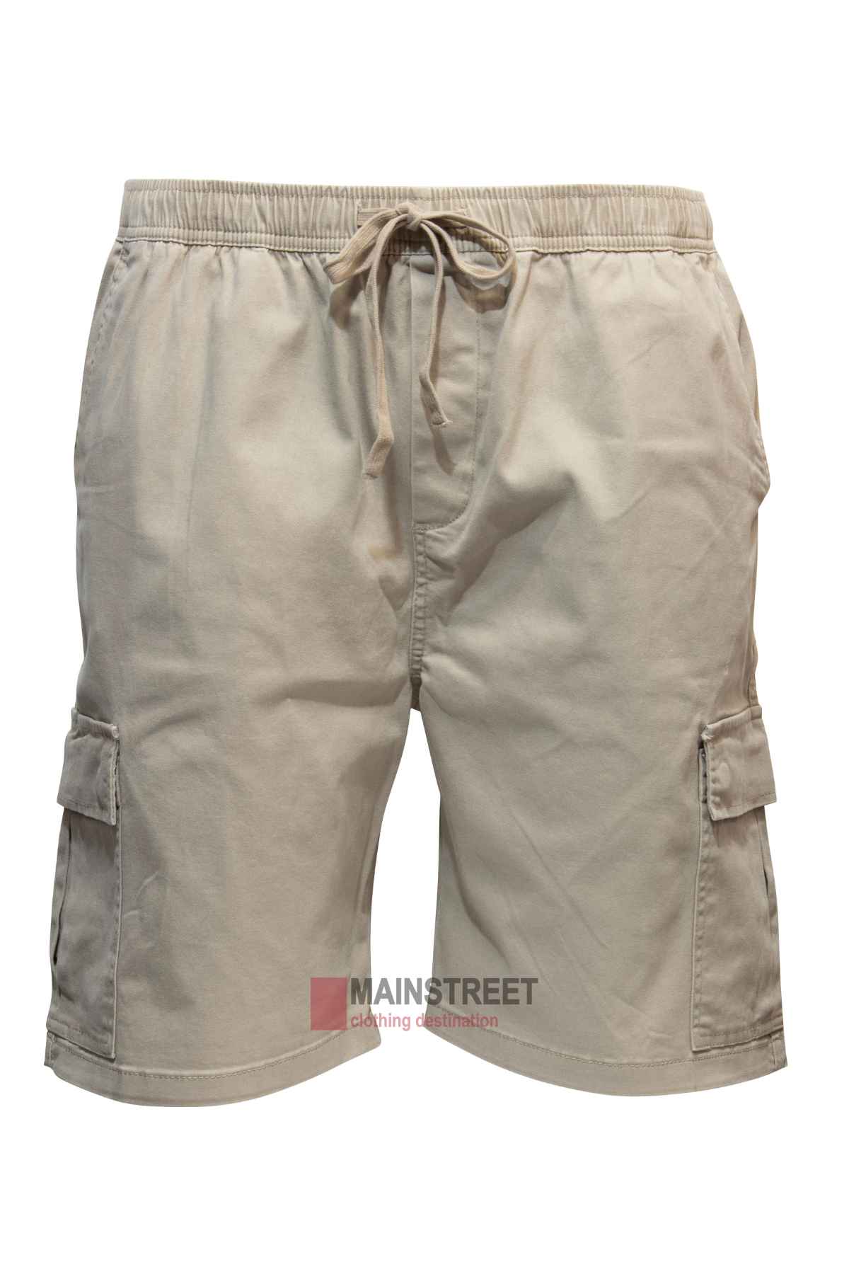 Beige Pilgrim Cargo Twill Shorts, ideal for summer, come with an elastic waistband and drawstring. These men's shorts are equipped with side pockets and a patch pocket on each leg. The text "MAINSTREET clothing destination" is printed on the bottom.