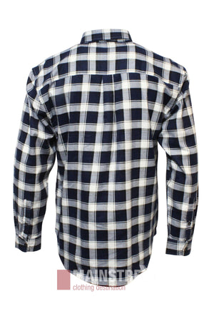 Back view of the Pilgrim Closed Front Flannelette Shirt - King Size in navy blue, white, and black plaid pattern, displayed against a plain white background.