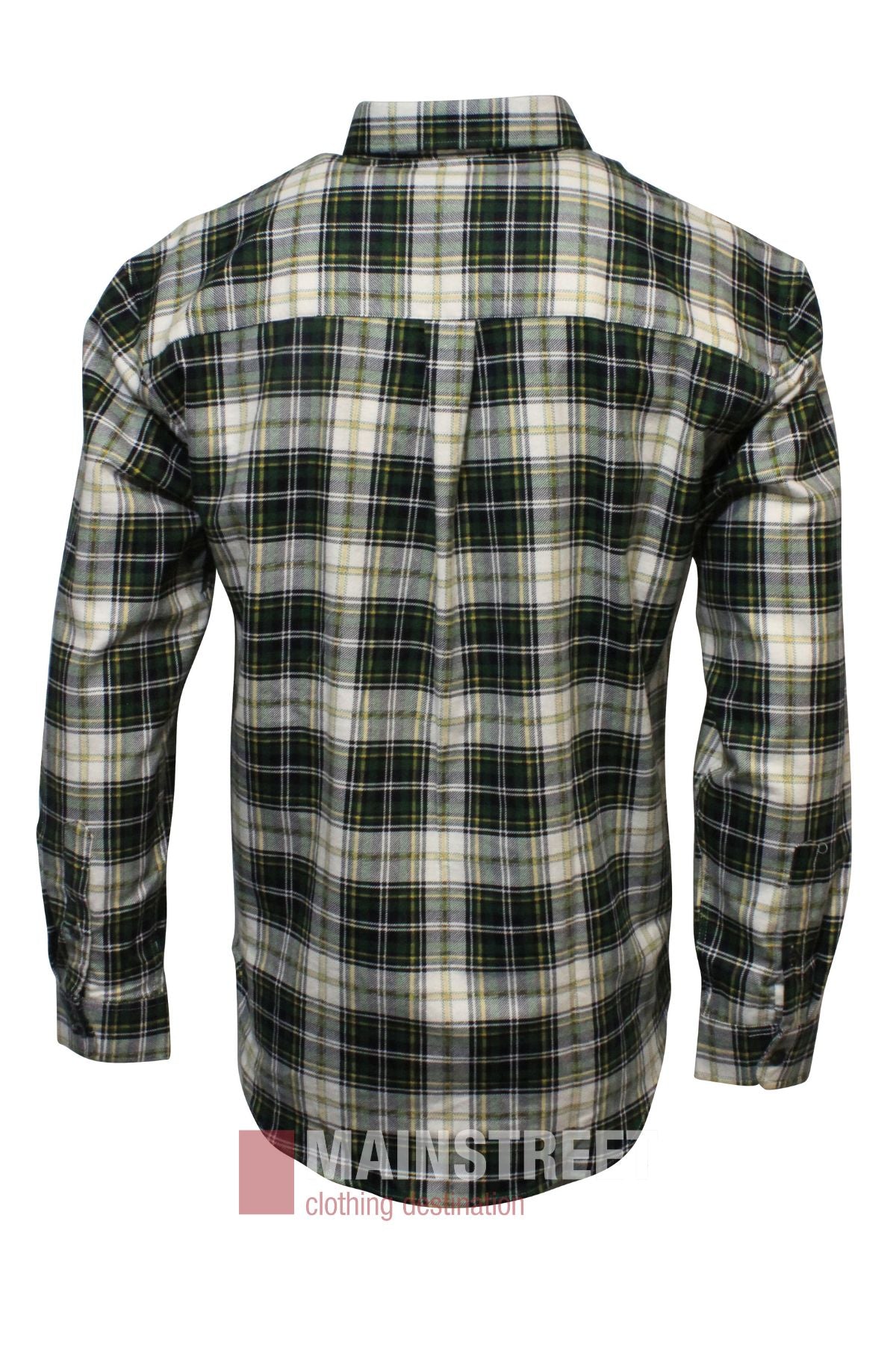 The Pilgrim Closed Front Flannelette Shirt - King Size is a long-sleeve, buttoned, green and white plaid 100% cotton shirt with a collar and a single pleat at the center of the upper back, shown from the rear view.
