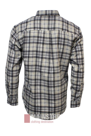 The Pilgrim Closed Front Flannelette Shirt - King Size is a men’s long sleeve shirt made from 100% cotton, shown from the back in black, white, and gray plaid with a collar and buttoned cuffs.