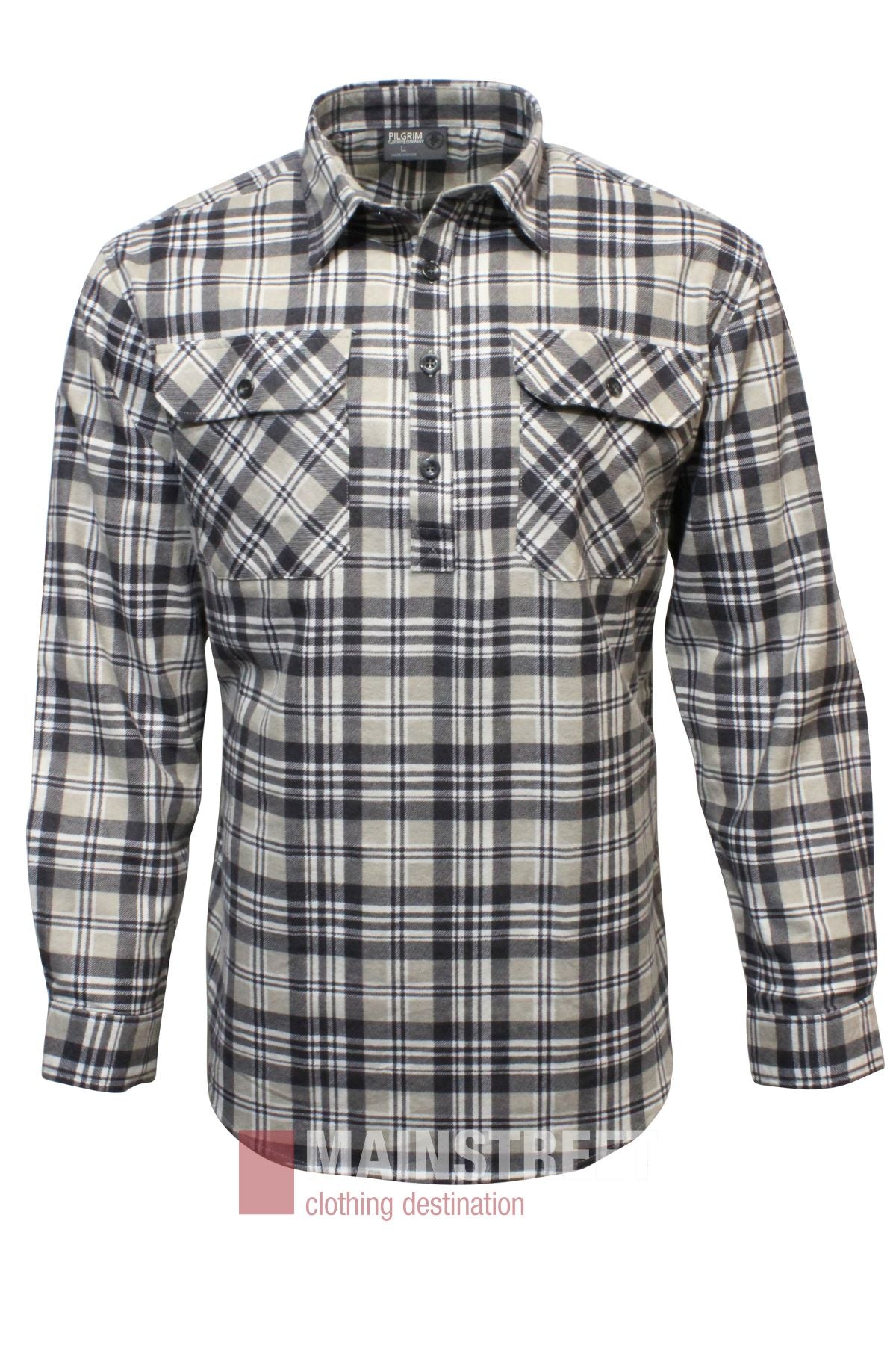 The Pilgrim Closed Front Flannelette Shirt - King Size is a long sleeve, button-up shirt with two chest pockets, a collar, and a black, white, and gray plaid pattern. The shirt is shown against a white background.