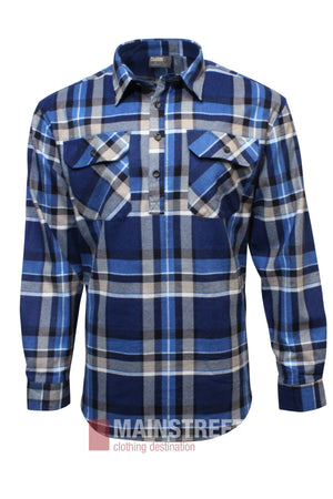 The Pilgrim Closed Front Flannelette Shirt is a blue, gray, and white plaid long sleeve shirt made from 100% cotton, featuring buttoned chest pockets and a collar, displayed on a white background.