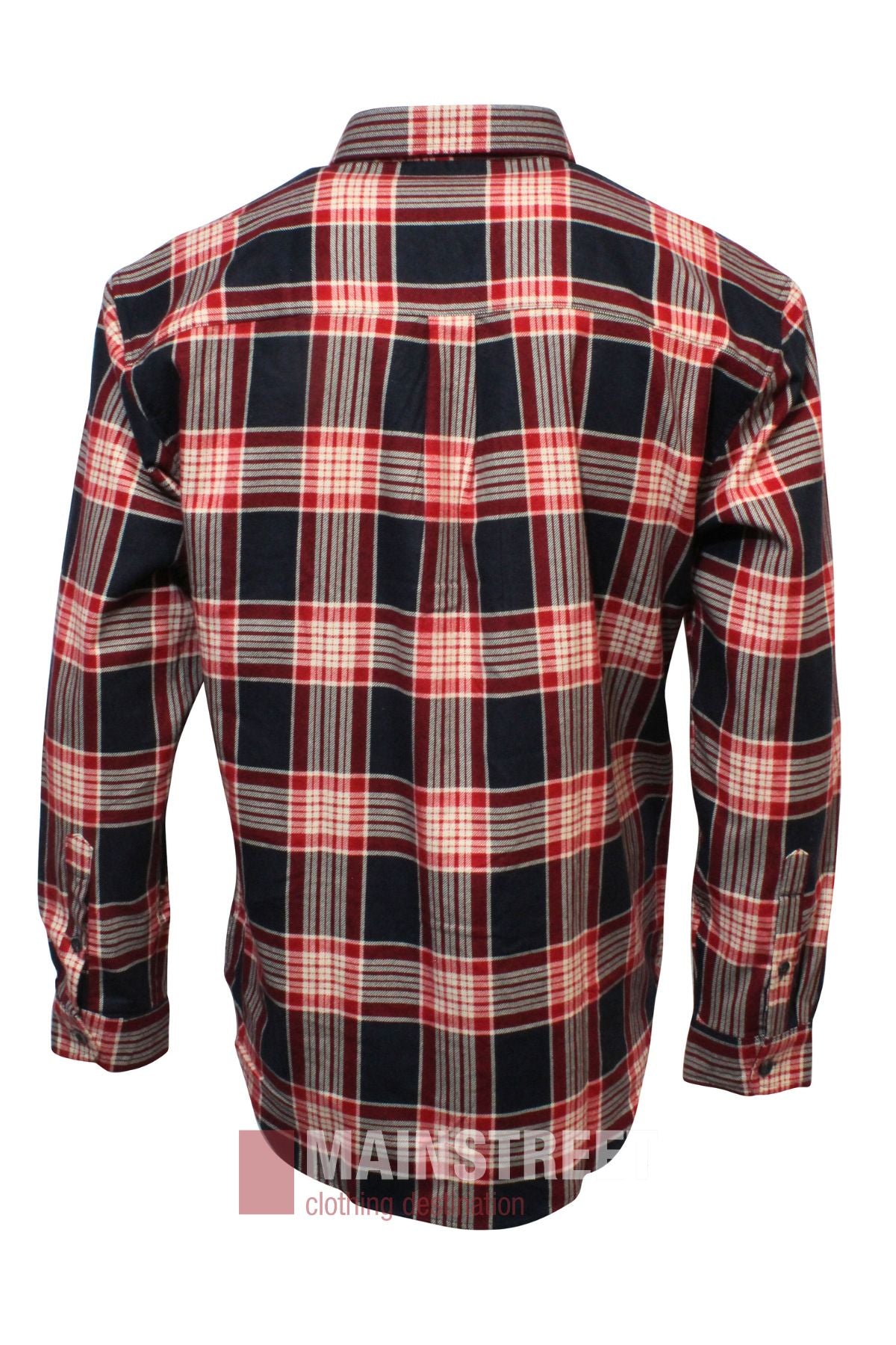 The Pilgrim Closed Front Flannelette Shirt is a long sleeve, 100% cotton shirt with a red, black, and white plaid pattern, shown from the back.
