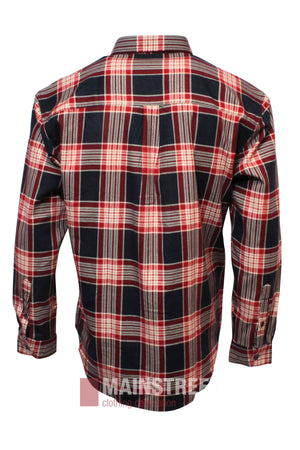 The Pilgrim Closed Front Flannelette Shirt is a long sleeve, 100% cotton shirt with a red, black, and white plaid pattern, shown from the back.