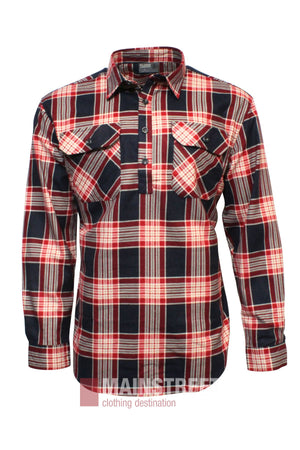 The Pilgrim Closed Front Flannelette Shirt is a long-sleeve, button-up shirt with red, white, and navy blue checks. Made from 100% cotton, it features two chest pockets with button flaps. Mainstreet Clothing Destination watermark at the bottom.