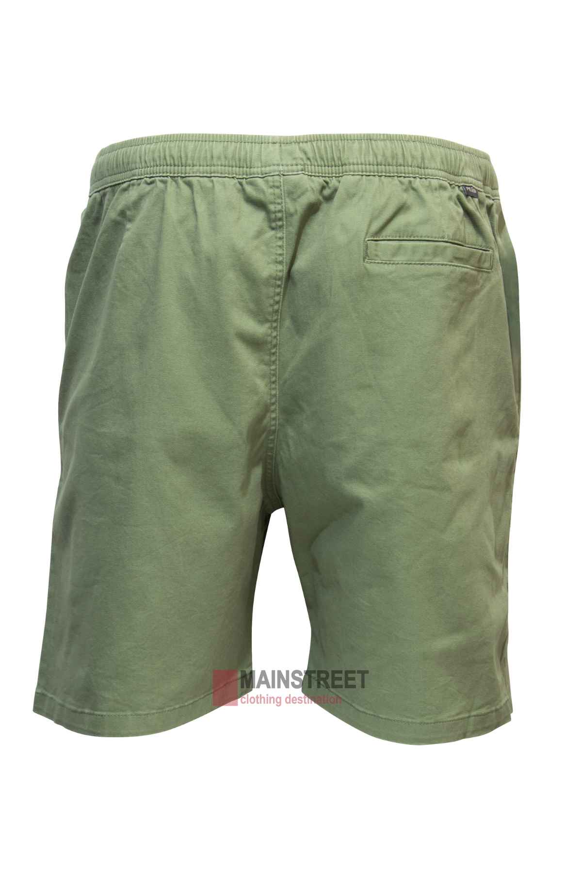 A pair of Pilgrim Elastic Waist Shorts in green, priced affordably, crafted from lightweight fabric with a back pocket. Displayed against a white background, the "Mainstreet Clothing Destination" brand logo is partially visible at the bottom.