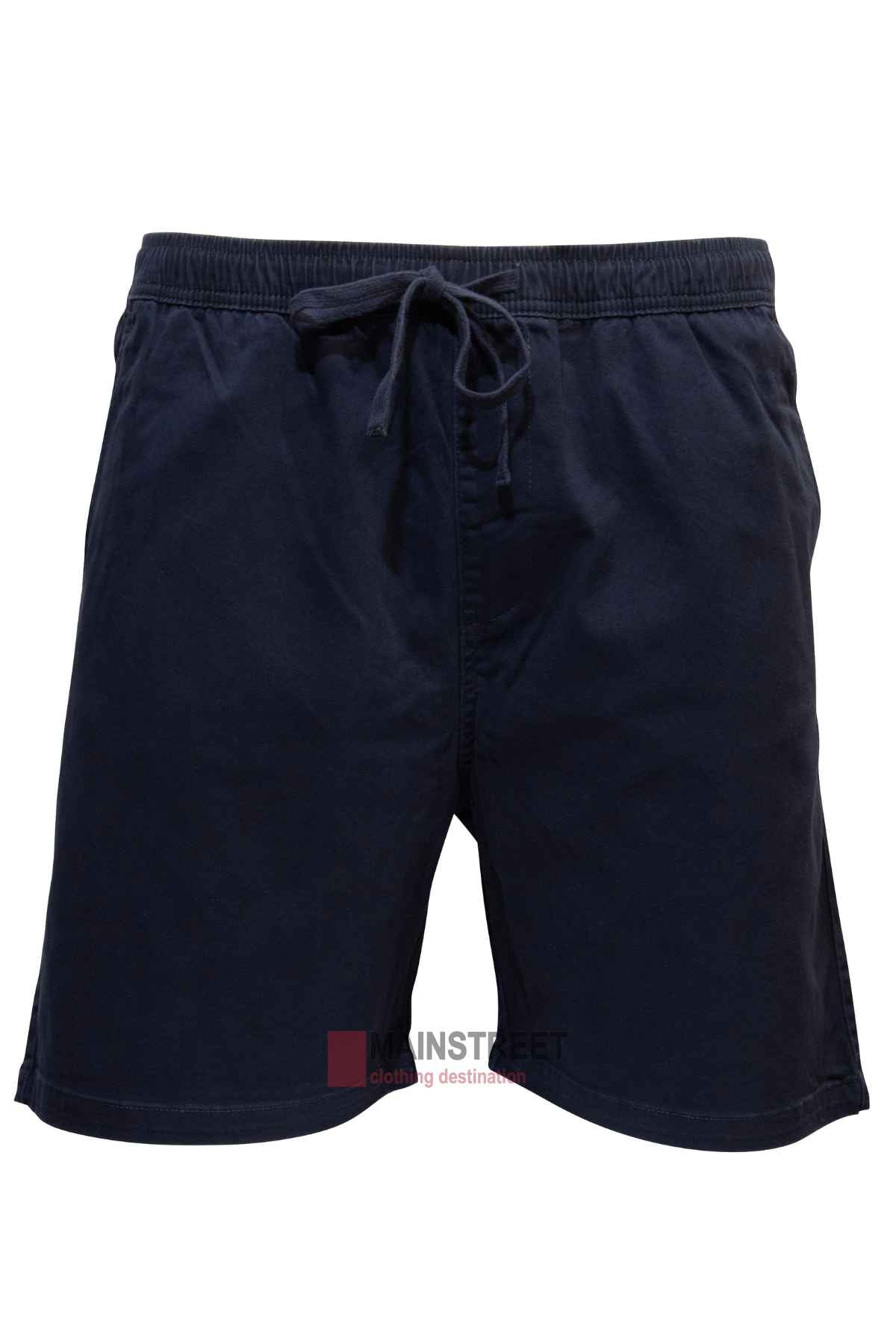 The Pilgrim Elastic Waist Short, made from lightweight fabric, comes in navy blue and features a drawstring for an optimal fit. Perfect for summer comfort, they are showcased against a white background to emphasize their casual design.